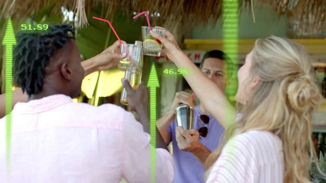 Group at tiki bar lifting drinks to toast as bartender mixing drink, promo arrows tracking glasses