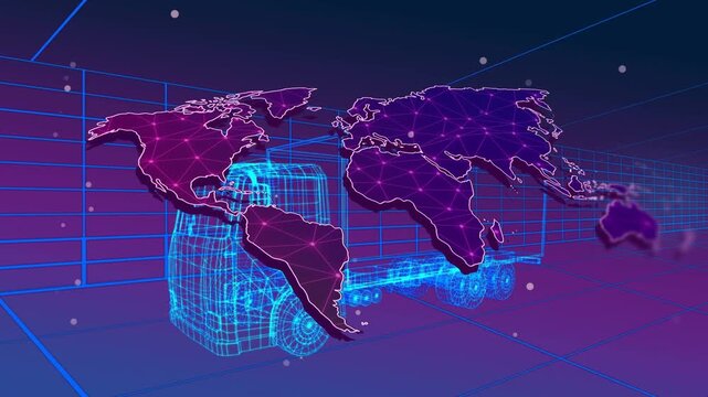 On scene reveal, cyan wireframe truck and purple map drifting, nodes pulsing to visualize logistics