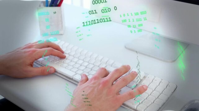 Male hands settling on keyboard and typing for coding, green code overlay flowing across keys