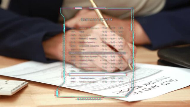 Office worker placing gold pen, completing claim form, HUD overlay pulsing and glitching over form