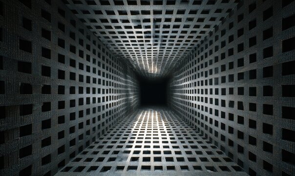 Infinite metallic grid corridor with symmetrical perspective