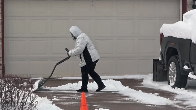 A person in a winter jacket clears snow from a residential driveway using a black pusher shovel after a heavy snowfall.