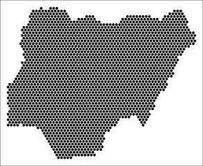 Fototapeta premium Nigeria hexagon map. Plain black and white dotted shape template. Country tiny hexagon cells. Nigeria flat honeycomb template. Vector Illustration.