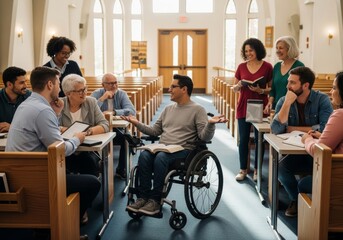 Obraz premium Diverse group of people in wheelchair study bible together in church. Young man with disability leading religious discussion. Community meeting, inclusivity and spiritual support concept.