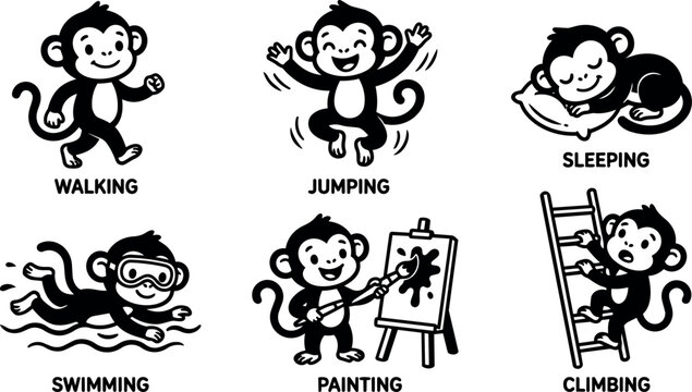 Black and white cartoon monkey walking jumping swimming painting climbing sleeping vector art