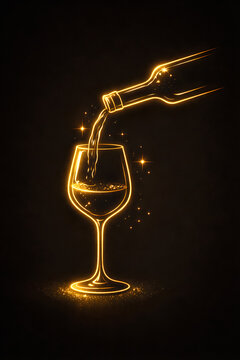 Golden Glow Wine Pour Line Art on Black Background