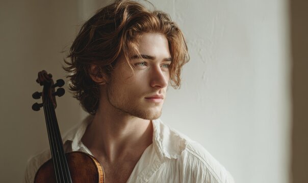 Man holding violin, looking off-camera