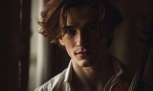 Portrait of young man with violin near window