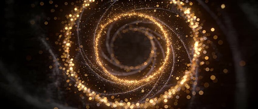 Golden spiral abstract swirl light trail glitter particle on dark velvet background, glowing vortex motion blur with gold bokeh festive glow, luxury cosmic dust fantasy tunnel pattern