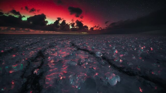 オーロラに照らされた北極の氷原を空撮した壮大な夜景動画