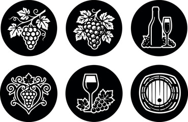Obraz premium Black and white grape cluster cork barrel wine glass round icons set