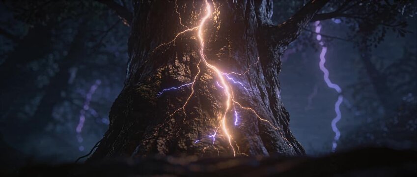 Mysterious electric tree lightning forest night rain storm thunder energy glow as enchanted fantasy tree with magic lightning crackling branch, glowing bark, vivid energy bolt illuminating dark