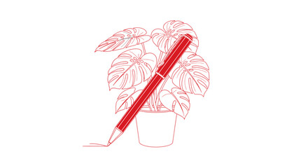 A red pen drawing a continuous line art of a Monstera plant. © Pratama