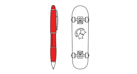 Minimalist vector illustration contrasting a red pen and a skateboard outline. © Pratama