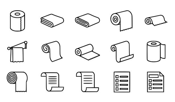 Roll and reel material icons set vector thin line toilet paper textile towel carpet scroll document pictograms isolated white background