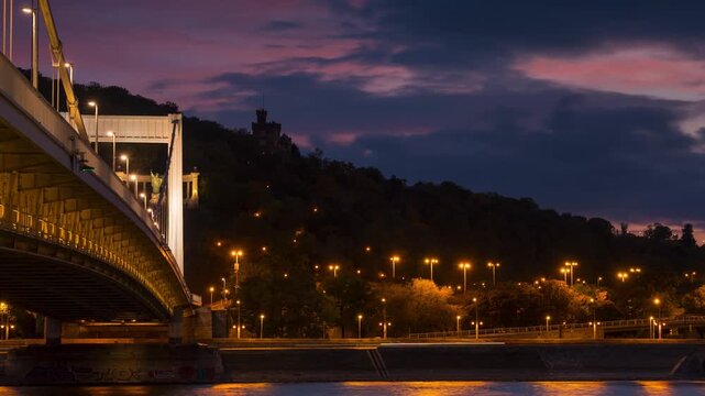 Budapest Elizabeth Bridge and Gellert Hill timelapse at sunset with dramatic purple clouds rushing over the Danube River and city lights flickering as night falls