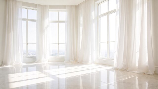 Bright empty room with white curtains