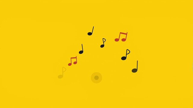 A vibrant and cheerful looping animation featuring black and red musical notes moving in a radiating pattern on a bright yellow background. Ideal for creative projects and presentations