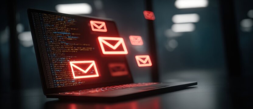 Laptop screen displaying multiple red email icons with glowing effect in a digital environment
