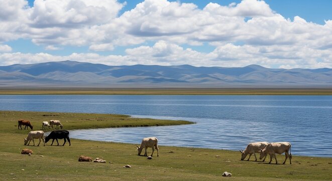 Cattle grazing near lake