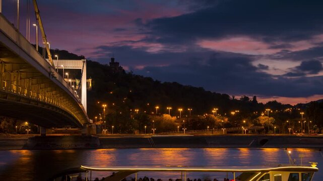 Budapest Elizabeth Bridge time lapse at dusk featuring rushing clouds over the Danube River with the Citadella and Gellert Hill in the background