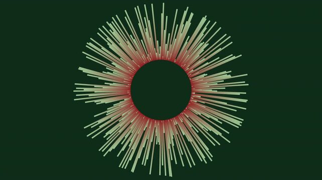 Abstract radial burst ring with green and red rays expanding around a central circle on dark background, ideal for modern motion design, tech intros, and transitions