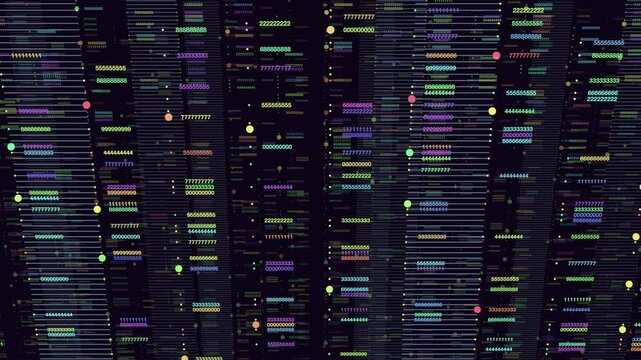 Futuristic footage of cascading numeric data columns and glowing dots on a dark background, representing big data, analytics, cybersecurity, coding, and digital networks