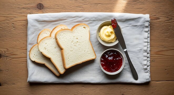 Top view of white bread slices with butter, jam and knife on wooden table, cozy breakfast setup with natural texture and clean composition