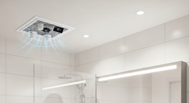 Modern smart ventilation system with humidity sensors installed in a clean bathroom ceiling
