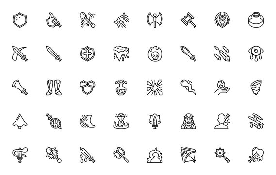Role Playing Games icon set. RPG vector icons pack. Includes shield, sword, wand, axe, potion, spell, skull, monster and more. Editable stroke.