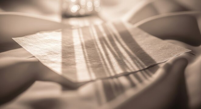 Delicate rice paper sheet with soft, striped shadow patterns, showing subtle texture and warm light