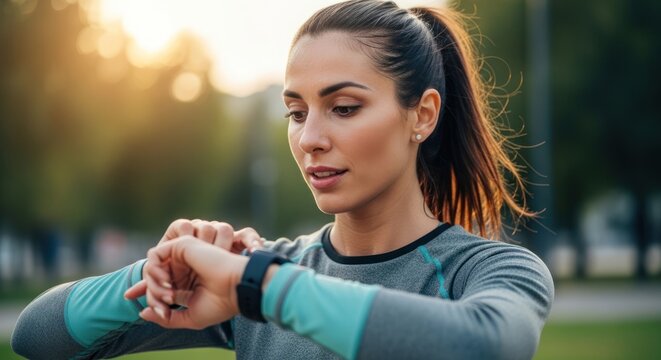Young Woman Checking Smartwatch During Outdoor Workout in Park.