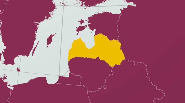 Latvia map. Animated zoom into the country on the Globe in Pale Mint Dark Pink color palette. Country logo animation with round text and airplanes. Map with meridians, parallels. Captivating video.