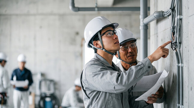 日本人で20代の若手電気工事士が図面を確認しながら壁面の配線を点検し、先輩から育成指導を受ける様子。コンクリート打ち放しの建設現場での実務。