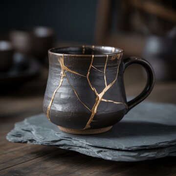 Kintsugi ceramic mug with gold veins on slate coaster