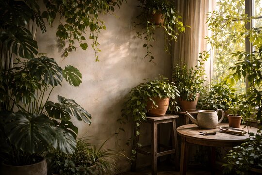 Lush Indoor Garden with Various Green Houseplants in Terracotta Pots