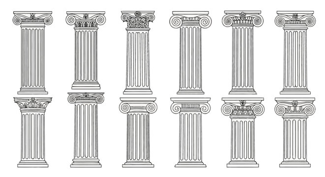 Set of twelve classical architectural column illustrations in black line art, featuring Ionic, Doric, and Corinthian styles with fluted shafts and decorative capitals on white background.