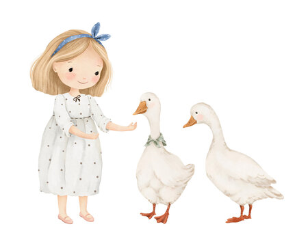 Watercolor cute girl and pair of white geese, isolated illustration for your countryside design print, poster or wallpaper.