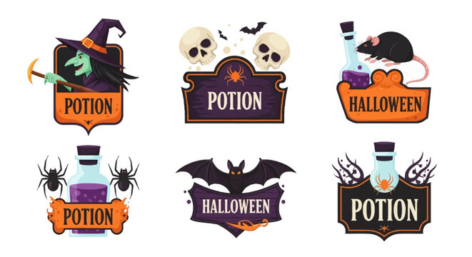 Set of six Halloween themed labels and badges featuring a witch, skulls, bats, spiders, and a rat. Factual vector illustrations of magic potion bottles with spooky decorative frames.