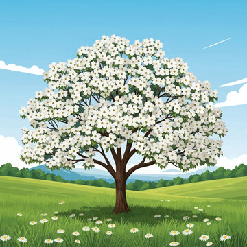 Vector illustration of a flowering dogwood tree with white blossoms standing in a green meadow with wild daisies, featuring a background of rolling hills and blue sky.