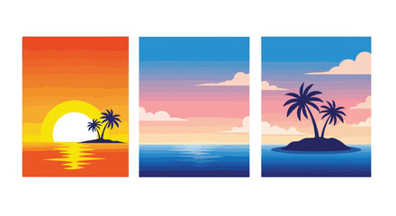 Obraz premium Tropical sunset triptych with palm trees and ocean waves