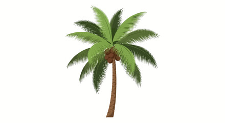 Obraz premium A vector illustration of a tropical coconut palm tree with green fronds and brown coconuts hanging from the top, featuring a textured brown trunk, isolated on a white background.