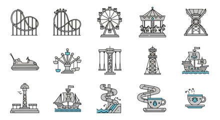 Obraz premium Set of fifteen flat line vector icons depicting amusement park attractions including roller coasters, ferris wheel, carousel, bumper cars, pirate ship, drop tower, water slides, and teacup rides.
