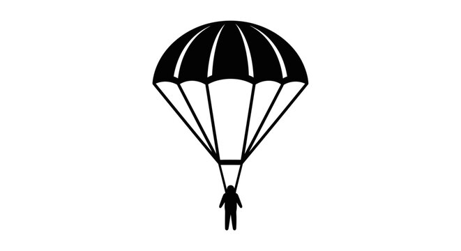 Black silhouette icon of a skydiver with an open parachute on a white background.