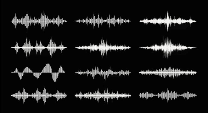 Set of twelve white audio waveform icons and sound wave frequency patterns on a black background, representing digital signal processing, music visualization, and electronic pulse.