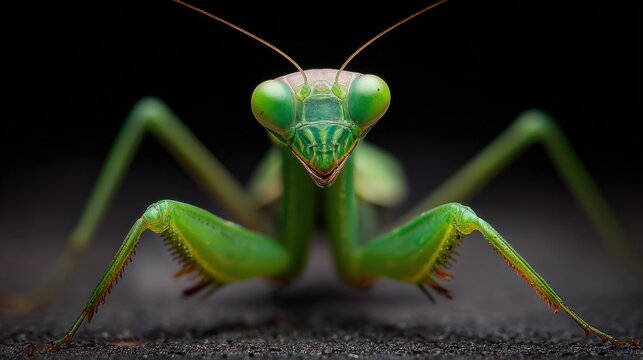 Close-animated movie macro photography of a vibrant green praying mantis with detailed facial features and textured body surface