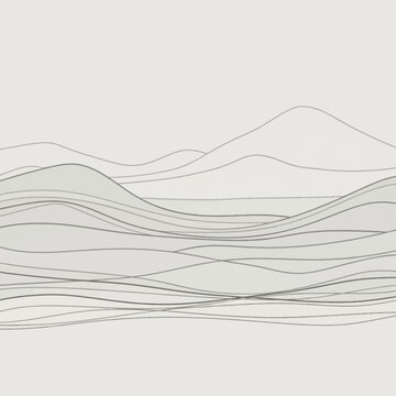 Minimalist abstract landscape vector illustration featuring thin gray contour lines forming stylized mountain peaks and flowing water waves on a light neutral background.