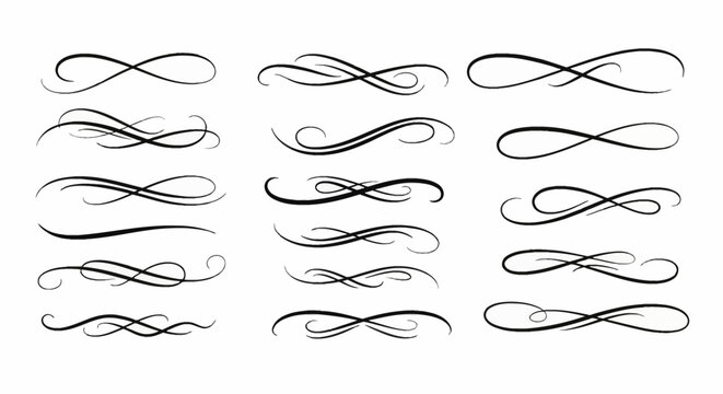 Set of fifteen black calligraphic flourishes, decorative swirls, and elegant line dividers on a white background. Ornamental scrolls, filigree borders, and graphic design accents.