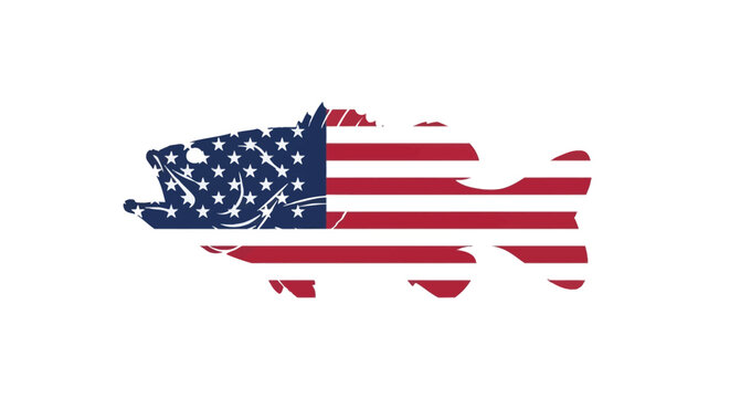 Largemouth bass fish silhouette filled with the United States flag stars and stripes pattern isolated on a plain white background for patriotic fishing and outdoor sports.