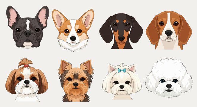 Collection of eight dog breed head illustrations including French Bulldog, Corgi, Dachshund, Beagle, Shih Tzu, Yorkshire Terrier, Maltese, and Bichon Frise on a light background.